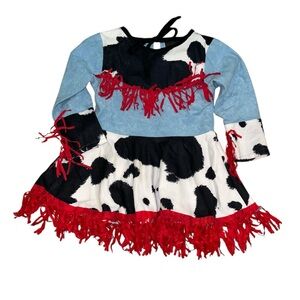Stylish Kids Cow Print Dress with Red Fringe
